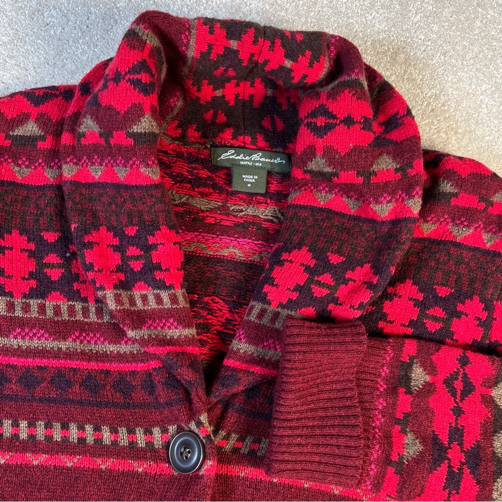 Eddie Bauer‎ Aztec Cardigan Sweater Red Button Front Side Pockets women's Medium
